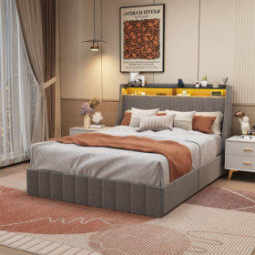 Full Size Bed Frame With LED, 4 Under-bed Portable Storage Drawers, Wings Headboard Design (Color: Light grey)